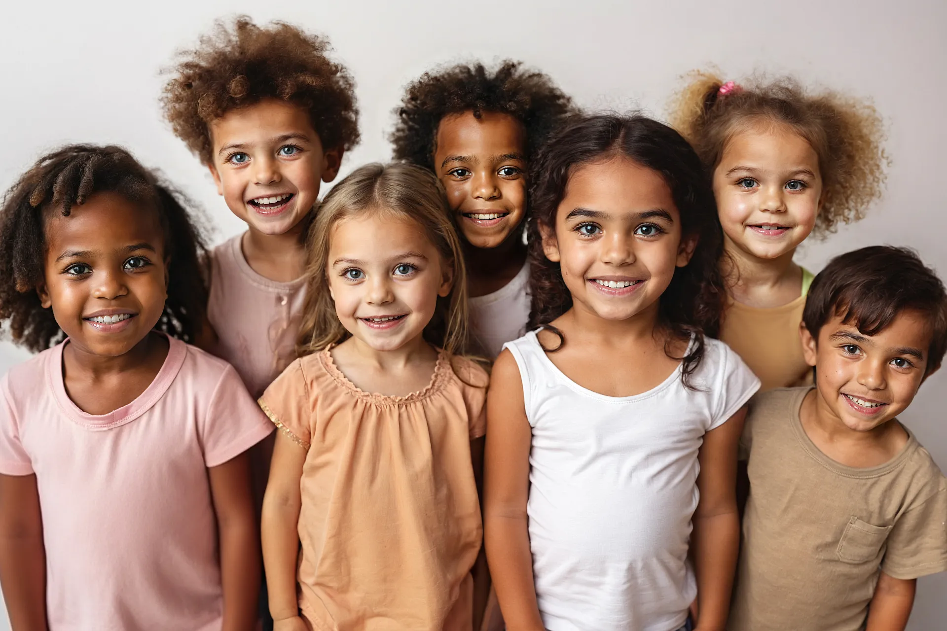 Eine Gruppe von sieben lachenden Kindern