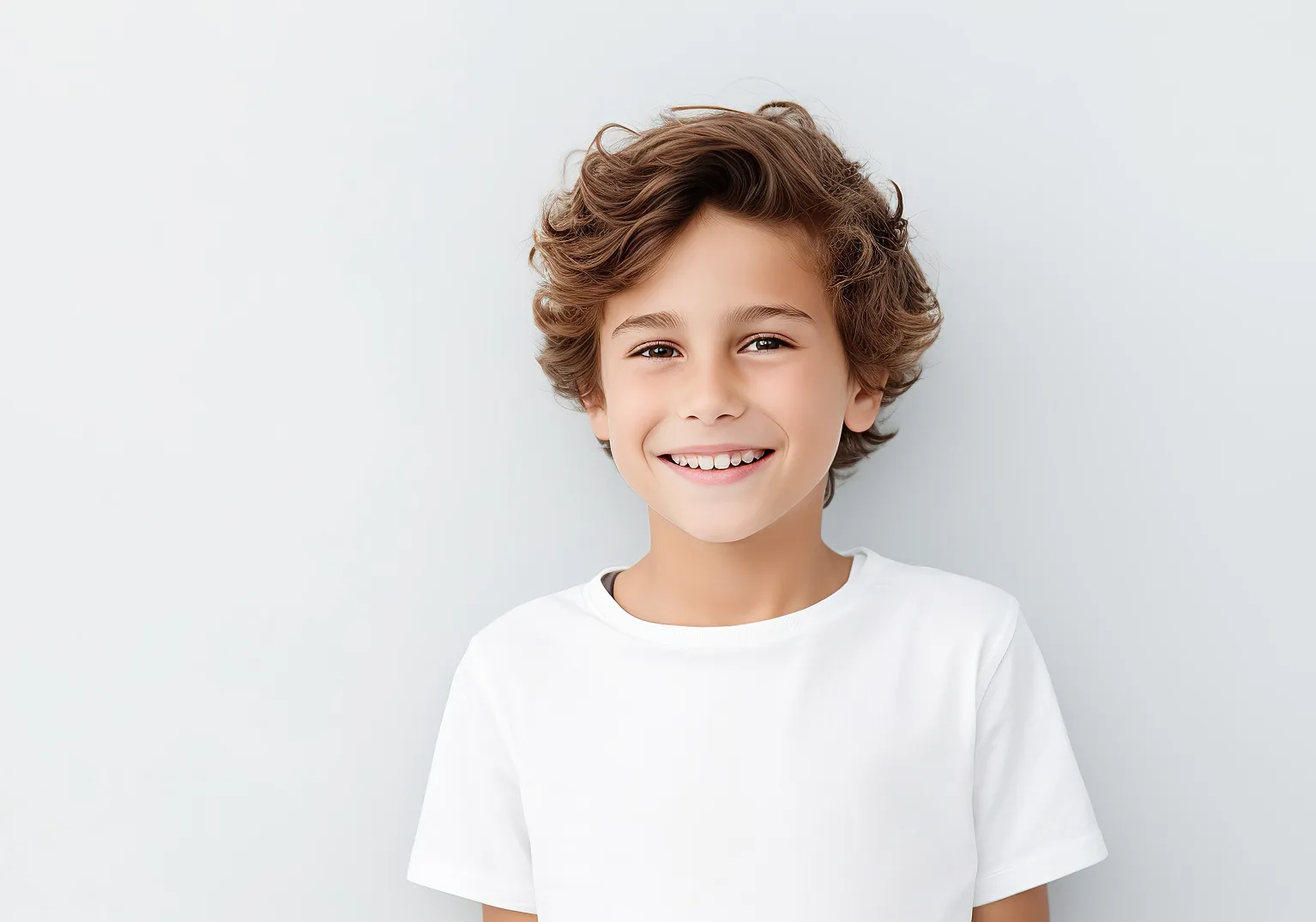 Ein laechelnder Junge mit braunen Locken