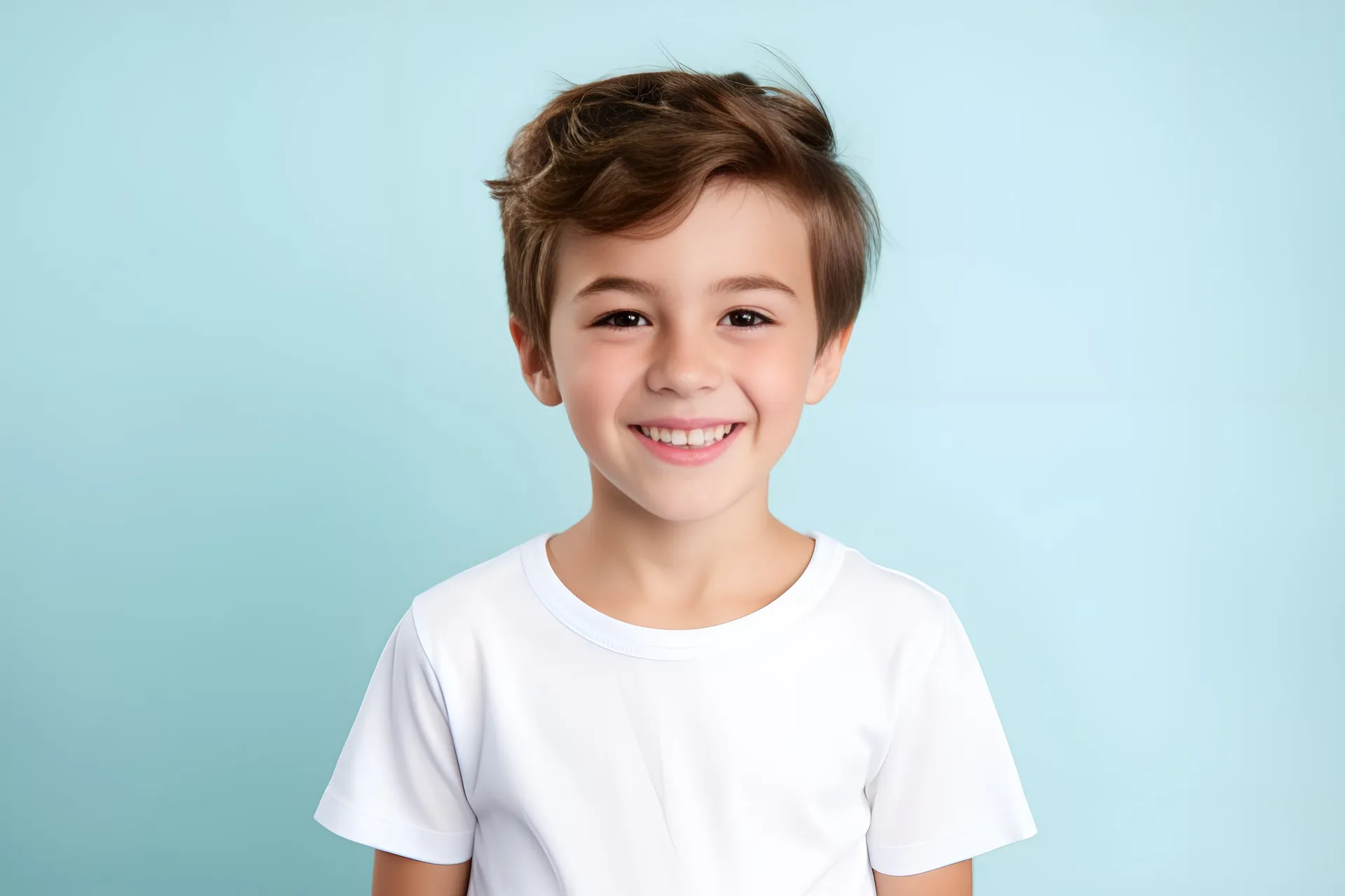 Laechelnder Junge im weissen T-Shirt